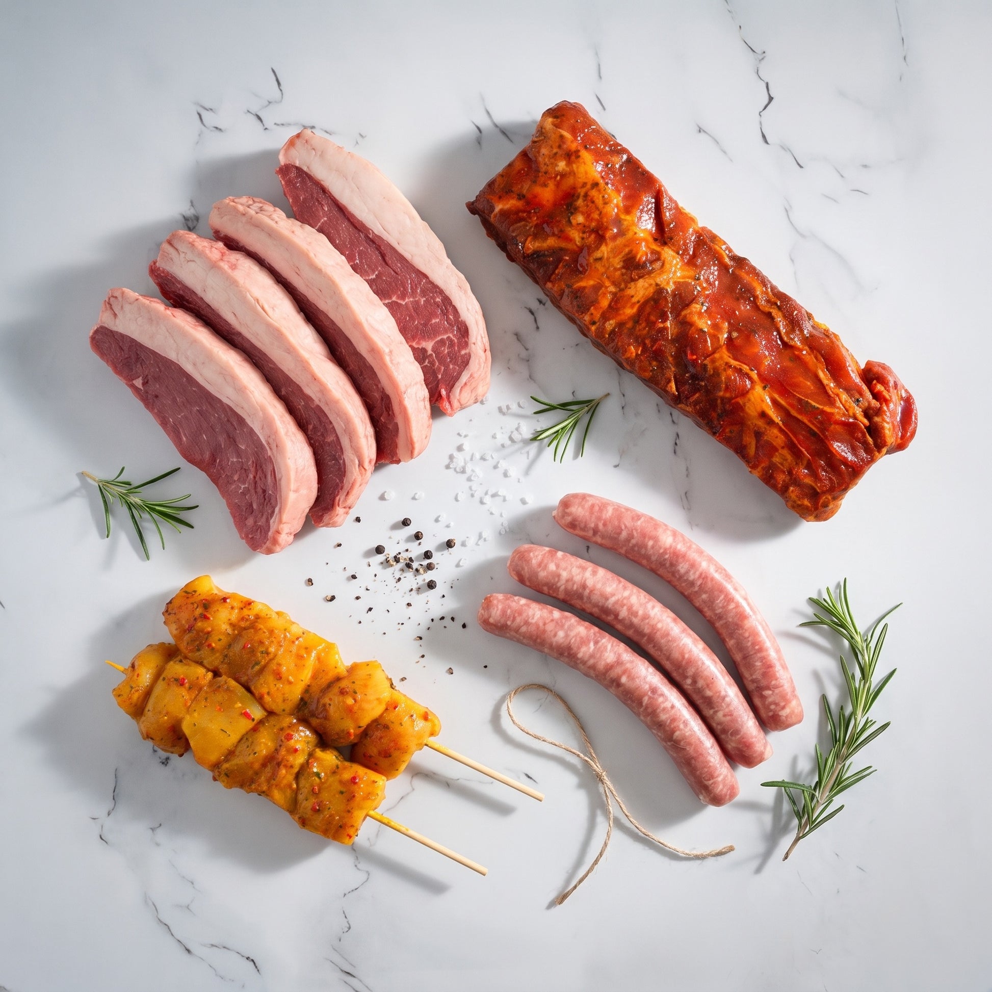 Box Barbecue Grill La Boucherie : picanha tranchée Angus, spare ribs marinés, chipolatas porc & veau et brochette de poulet à l'Indienne, prêt à griller