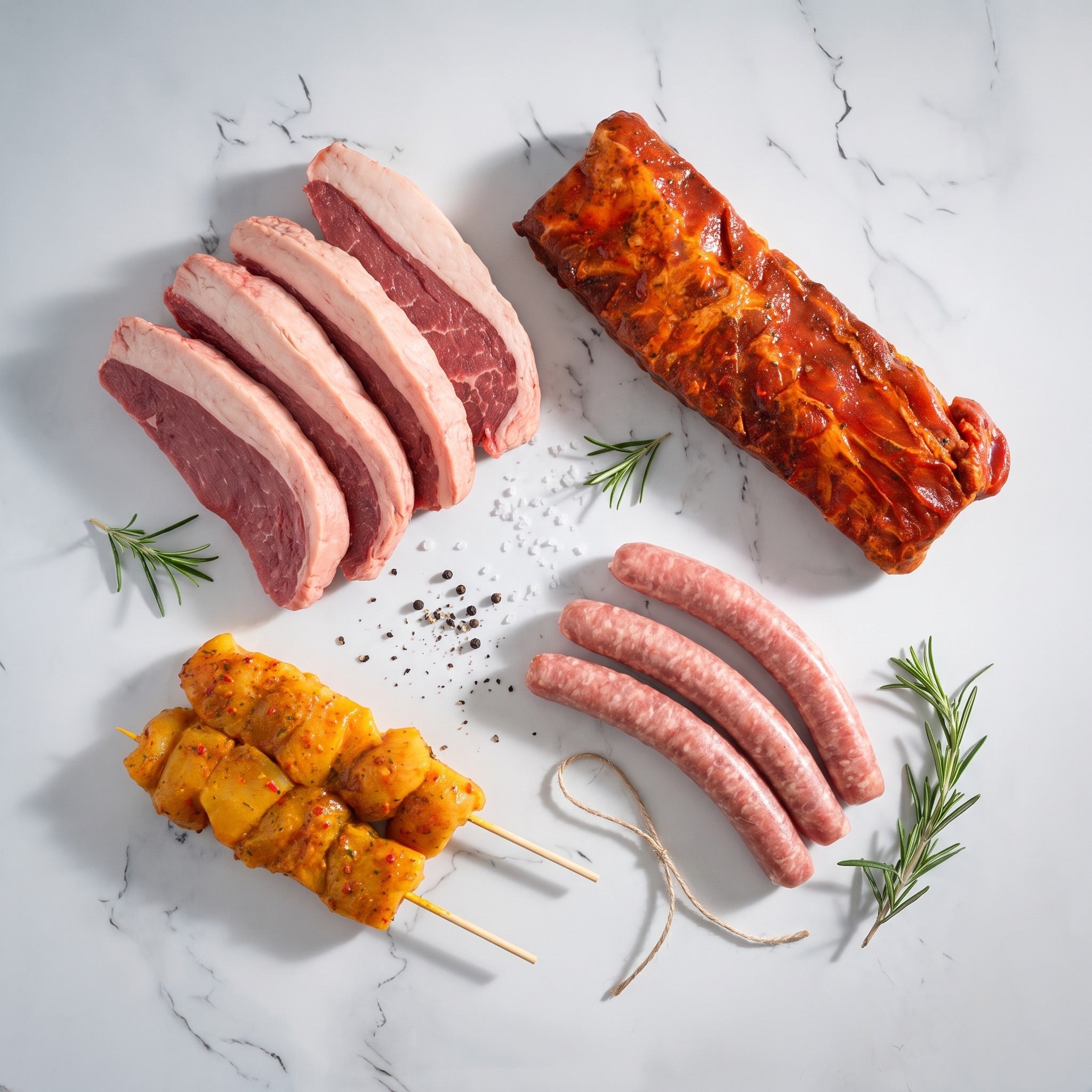Box Barbecue Grill La Boucherie : picanha tranchée Angus, spare ribs marinés, chipolatas porc & veau et brochette de poulet à l'Indienne, prêt à griller
